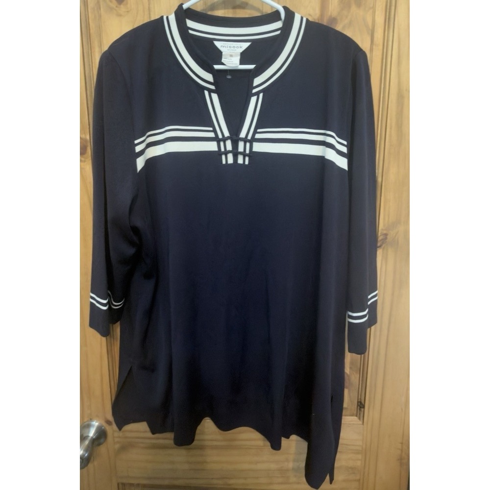 Misook Women 3x Navy Blue Nautical Stripe Tunic Top Sailor Knit Long Sleeve